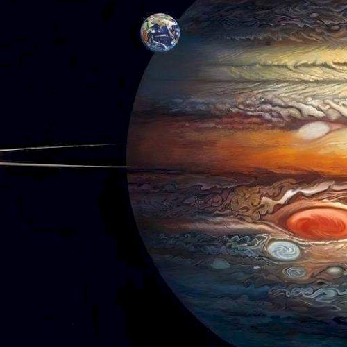 The image depicts a stylized view of Jupiter with its Great Red Spot and a small Earth in the background, set in space.