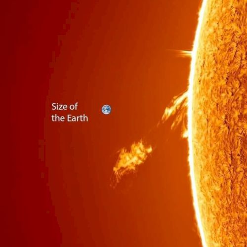 The image compares the size of Earth to the Sun, showing a tiny Earth icon next to the Sun's surface, highlighting the size difference.