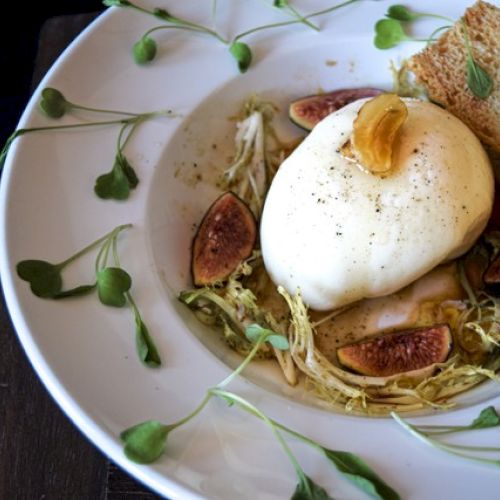 A plate with burrata cheese, fig slices, greens, toasted bread, and microgreens on the side.