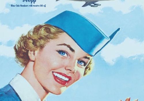 A retro-style ad for a Friday Night Flight event, featuring a smiling flight attendant. It mentions a wine tasting from 6-8 pm for $15 per...