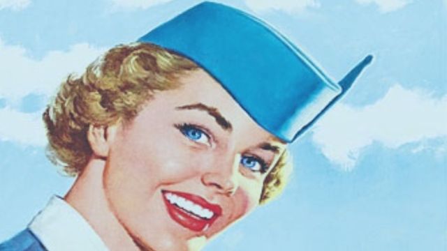 A retro-style ad for a Friday Night Flight event, featuring a smiling flight attendant. It mentions a wine tasting from 6-8 pm for $15 per...