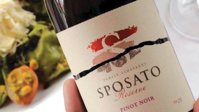 A person holds a bottle of Spostaato Pinot Noir wine with a plate of salad in the background, and a glass of red wine on the table.
