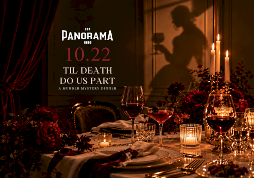 A &ldquo;Panorama&rdquo; murder mystery dinner poster with candles, roses, wine glasses, and a noir silhouette of a suspect.
