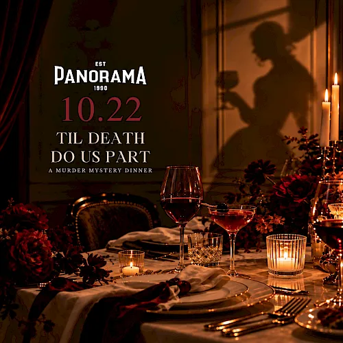 A &ldquo;Panorama&rdquo; murder mystery dinner poster with candles, roses, wine glasses, and a noir silhouette of a suspect.