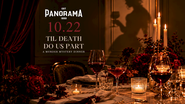 A &ldquo;Panorama&rdquo; murder mystery dinner poster with candles, roses, wine glasses, and a noir silhouette of a suspect.