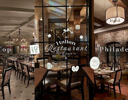 An elegant Italian restaurant interior with neatly set tables, brick walls, and warm pendant lighting.