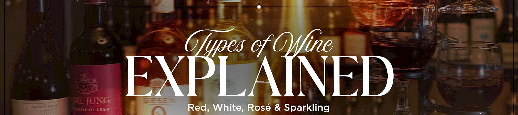 A wine-themed graphic shows bottles and glasses with text “Types of Wine Explained: Red, White, Rosé & Sparkling.”